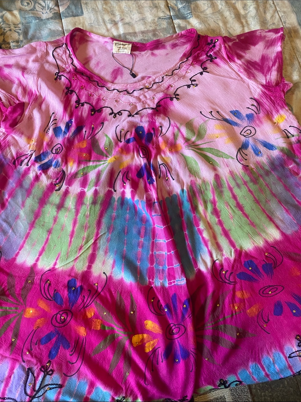 Exist Pink Tie-Dye Boho Floral Tunic with Blue and Green Accents